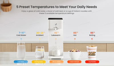 5 preset temperatures – cold, ambient, lukewarm, hot, boiling