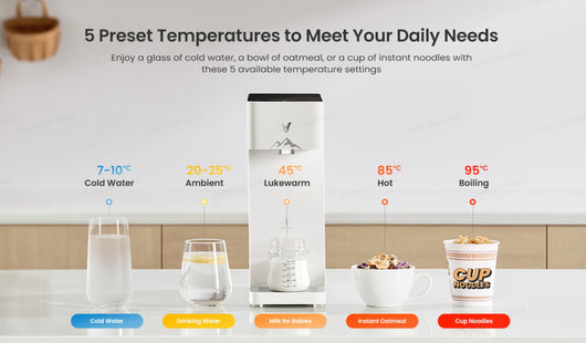 5 preset temperatures – cold, ambient, lukewarm, hot, boiling